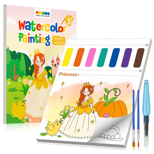 TECJOE Paint with Water Coloring Books for Toddlers, Princess Series Watercolor Set with 3 Brushes, Mess Free Painting Activity for Kids Ages 4 5 6 7 8, Christmas Gifts Arts & Crafts Toy