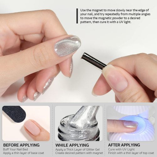 GAOY Cat Eye Gel Nail Polish, Glitter Holographic Nail Polish with Magnet, 16ml Reflective Translucent UV Gel for Nail Art, 1138 Silver