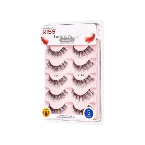 KISS Looks So Natural False Eyelashes Multipack, Lightweight & Comfortable, Tapered End Technology, Reusable, Cruelty-Free, Contact Lens Friendly, Style 'Poise', 5 Pairs Fake Eyelashes
