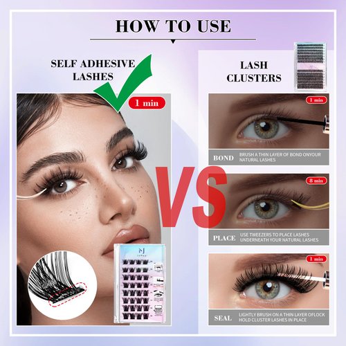 JoMay Self Adhesive Eyelashes 56 PCS Self Adhesive Lash Clusters Press On Lashes D Curl Lash Clusters Natural Individual Lashes No Glue 10-16mm 1 Step DIY Lash Self Stick Easy to Apply (G03,D-10-16)