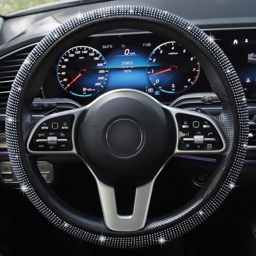 SJHTYA Bling Steering Wheel Cover, Rhinestones Steering Wheel Cover Crystal Diamond for Women, Sparkling Car Wheel Protector Universal Fit 14-15 inches - White