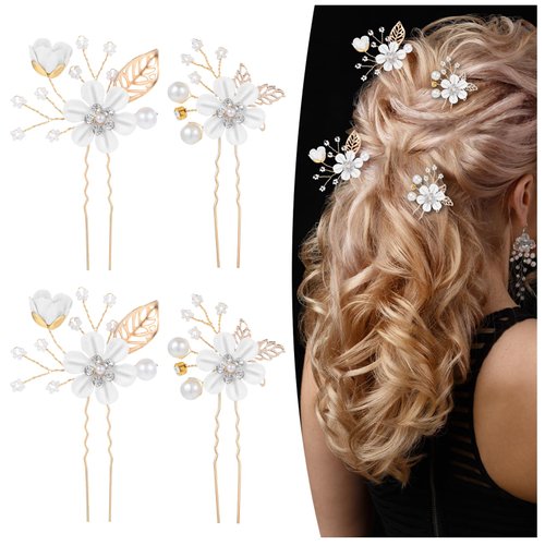 Oruola 4Pcs Bridal Hair Accessories White Flower Wedding Hair Pins Gold Wedding Hair Accessories Pearl Hair Clips Headpiece Jewelry with Rhinestone for Brides Bridesmaids Women Girls Updo