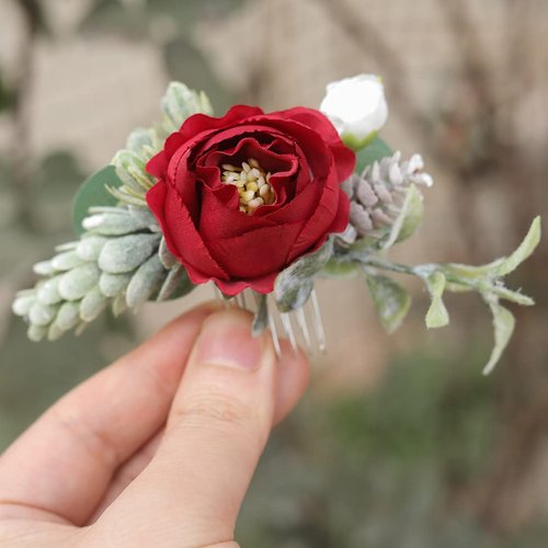 Fangsen Silver Wedding Red Rose Flower Hair Comb Boho Hair Accessory for Bridals