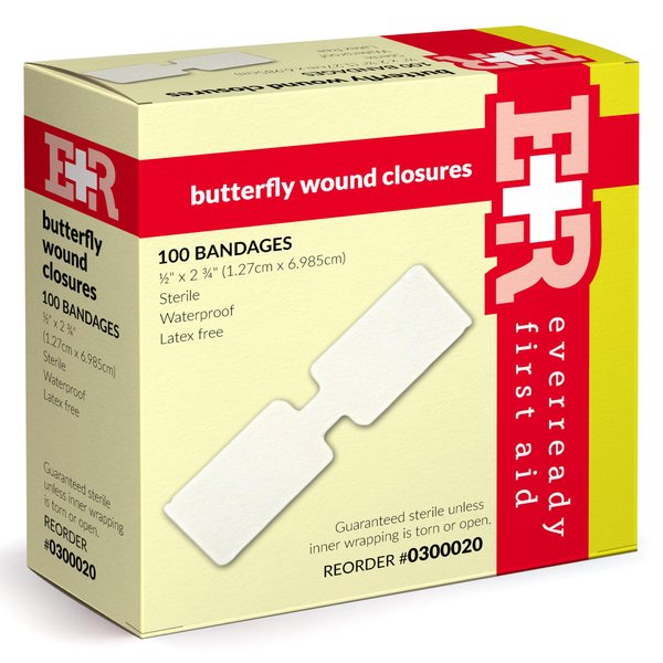 Ever Ready First Aid Sterile Butterfly Strips, Individually Wrapped Wound Closure Bandages for Small Wounds Protection, ½” x 2 ¾” – 100 Count
