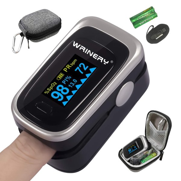 WRINERY Oxygen Saturation Monitor, Pulse Oximeter Fingertip, Oxygen Monitor, O2 Saturation Monitor, OLED Portable Oximetry with Batteries, Lanyard (Royal Black-Silver)