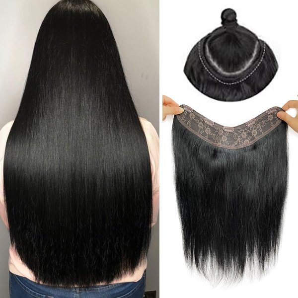 Jet Black Clip in Hair Extensions Real Human Hair,One Piece with 5 Clips 3/4 Full Head Double Weft Natura Straight Invisible Clip in Hair Extensions 100% Brazilian Virgin Hair for Short Hair