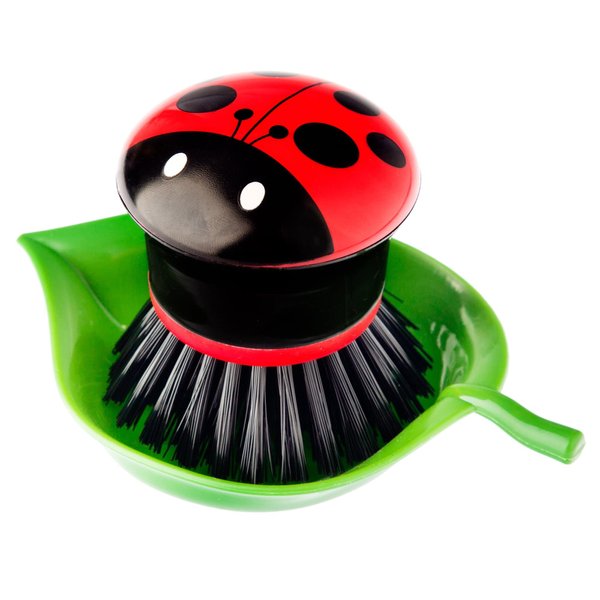 Vigar Ladybug Palm Dish Brush With Holder, 5-3/4-Inches by 3-3/4-Inches, Black, Red, White, Green