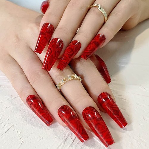 Ursumy Red Coffin Fake Nails Rose Press on Nails Extra Long False Nails Full Cover Acrylic Nails for Women and Girls (24Pcs)