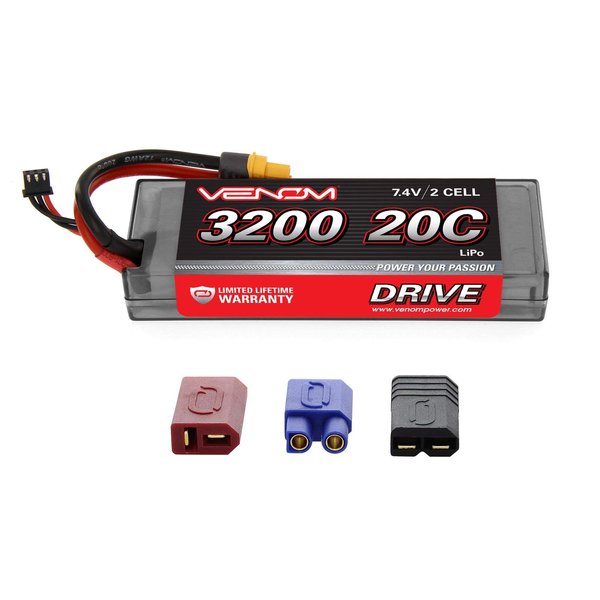 Venom Power Drive Series 20C 2S 3200mAh 7.4V LiPo RC Battery - Hard Protective Case, Universal UNI 2.0 Plug - 12 AWG Flexible Silicone Wire - Compatible with Traxxas, Deans & EC3 Plug