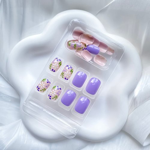 24 Pcs Summer Press on Nails Short Square Fake Nails Purple Acrylic Nails with Flower and Leaf Designs False Nails Glossy Artificial Stick on Nails for Women and Girls Nail Art Decorations