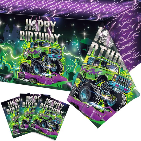 WovWeave 3 Pcs Monster Party Tablecloth Happy Birthday Truck Table Cloth 54 x 108 Inch Plastic Disposable Truck Theme Tablecover for Boys Rectangle Round Desk Truck Theme Birthday Party Supplies
