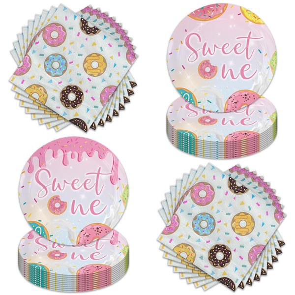 40Pcs Sweet One Donut Birthday Party Supplies For 20 Guests, Paper Plates And Napkins For Girl Sweet One Birthday Party Decorations