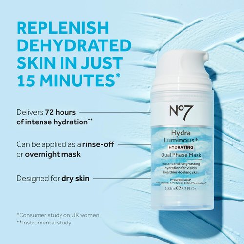 No7 HydraLuminous+ Hydrating Dual Phase Face Mask - Hyaluronic Acid Overnight Face Mask with Vitamin B3 Niacinamide for Skin Barrier Repair & Radiant-Looking Skin (3.5 Fl Oz)