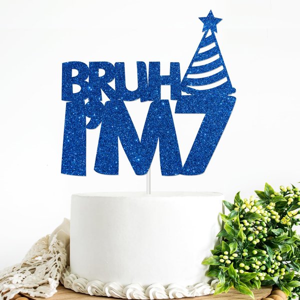 Bruh I'm 7 Cake Topper Blue Glitter 7th Birthday Party Cake Decor for Kids Boys Happy 7th Birthday Party Sign Funny Seven Years Old Birthday Party Decoration Supplies