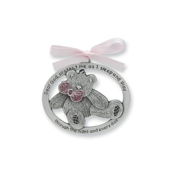 Pretty TEDDY BEAR Crib Medal for Baby GIRL Crib Medal with Verse 4" PEWTER Finish - CHRISTENING/SHOWER GIFT/Baptism KEEPSAKE/with PINK RIBBON - INFANT - Newborn