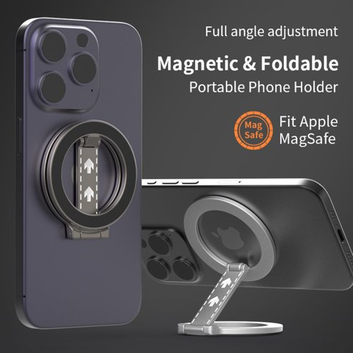 CCSmall Double Sided Magnetic Phone Grip Holder for MagSafe Accessories, Detachable Magnetic Phone Finger Ring Stand Adjustable Kickstand for iPhone 16/15/14/13/12/Samsung/Google 9D Silver
