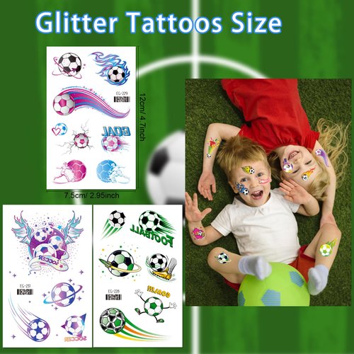 Sixberry Glitter Football Temporary Tattoos for Kids, 20 Sheets Soccers Ball Tattoo Stickers for Boys Girls Birthday Party Favors, School Activity Sports Games Teams Decorations Goodie Bags Stuffers