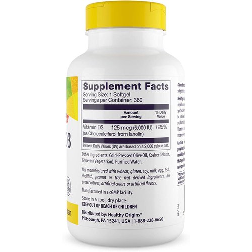 Healthy Origins Vitamin D3 (Lanolin) 5,000 IU - Bone Health and Immune Support Supplement - Easily Absorbable Vitamin D Supplements - Gluten-Free Vitamin D3 Supplement - 360 Softgels