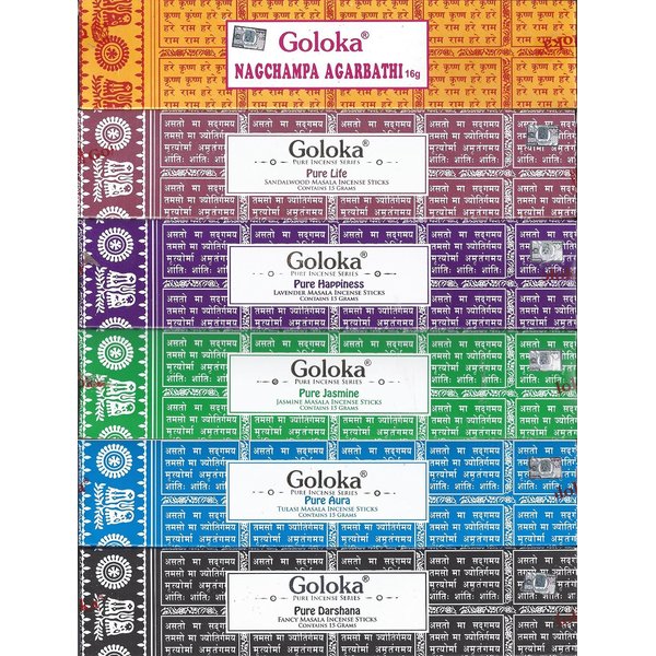 GOLOKA Set of 6 Nag Champa Sandalwood Lavender Jasmine Tulasi and Fancy Incense Kit (Incense Holder Included)