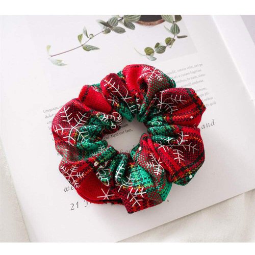 6pcs Christmas Scrunchies for Hair Scrunchie Holder Ponytail Elastics Hair Ties Hair Bands Winter Snowflake Cloth Plaid Checkered Pattern Soft Cute Scrunchy Pack for Girls Women Red Green