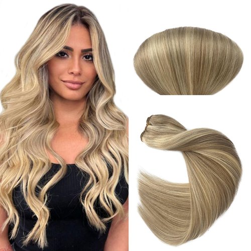 Sew in Weft Hair Extensions Human Hair, Light Ash Blonde and Platinum Blonde Highlight Bundles, 18 Inch Hand Tied Sew in Balayage Blonde Real Human Hair Weft Extensions for Women 100grams