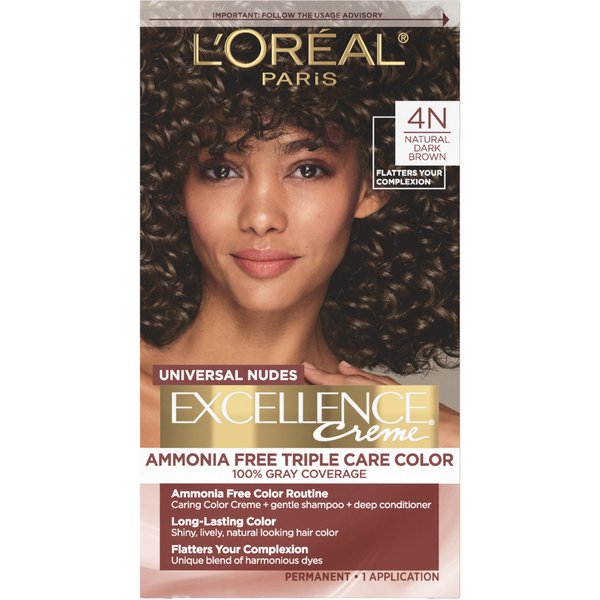 L’Oréal Paris Excellence Universal Nudes Permanent Hair Color, Ammonia Free Hair Dye for Gray Hair Coverage, 4N Natural Dark Brown, 1 Hair Dye Kit