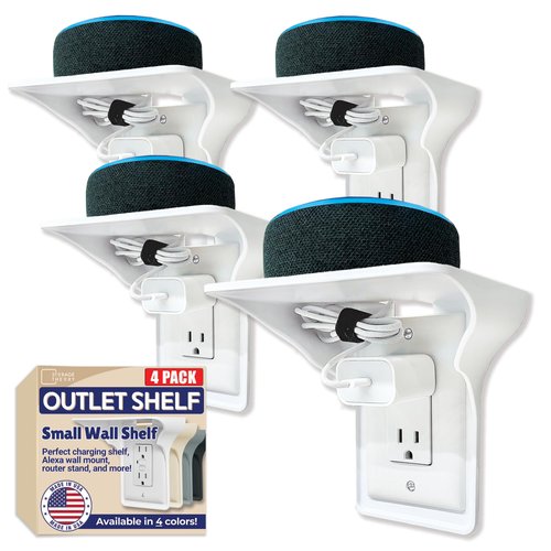 BeraTek Industries Power Perch Outlet Shelf with Cord Storage Strap – Small Wall Shelf for Alexa Stand, Echo Dot Holder, Electric Toothbrush – Bedroom & Bathroom Organizer (White, 4-Pack)