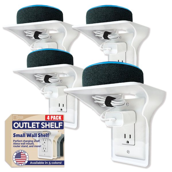 BeraTek Industries Power Perch Outlet Shelf with Cord Storage Strap – Small Wall Shelf for Alexa Stand, Echo Dot Holder, Electric Toothbrush – Bedroom & Bathroom Organizer (White, 4-Pack)