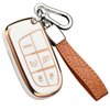RICHBULL For Jeep Key Fob Cover with Leather Keychain,Premium Soft TPU Protection Key Case for Jeep Smart Key 3 4 5 Buttons Protector Challenge（White ）