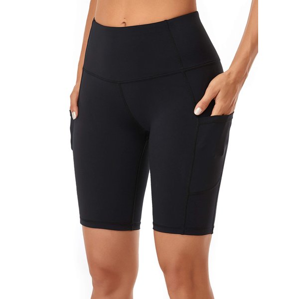 Oalka Women's Yoga Short Side Pockets High Waist Workout Running Shorts Black M