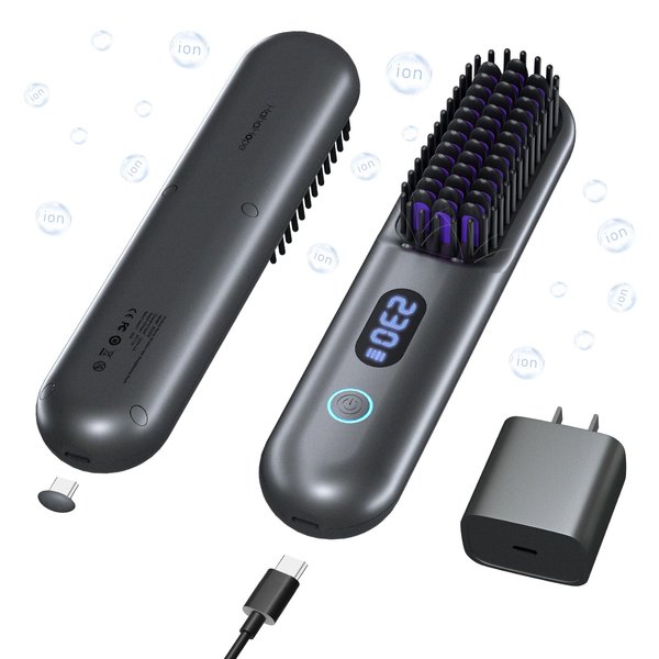 Hahahope Cordless Hair Straightener Brush - 224 Million Negative Ions Portable Straightening Brush,9600mAh Batt Mini Hot Straightener Comb for Travel,Charge & Plug Dual Usage