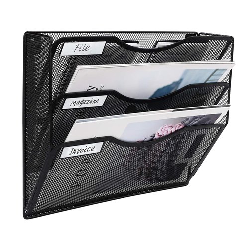 EasyPAG 3 Pockets Mesh Hanging Wall File Holder Organizer Wall Mounted Paper Magazine Rack,Black