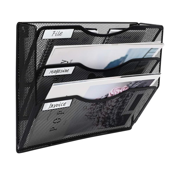 EasyPAG 3 Pockets Mesh Hanging Wall File Holder Organizer Wall Mounted Paper Magazine Rack,Black