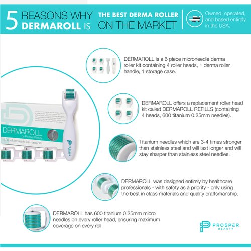 Derma Roller Microneedle 6 Piece Kit [DERMAROLL by Prosper Beauty] Face Roller with 4 Replaceable Heads Exfoliation Microdermabrasion Micro Derma Skin Care Tool Dermaplaning Microneedling