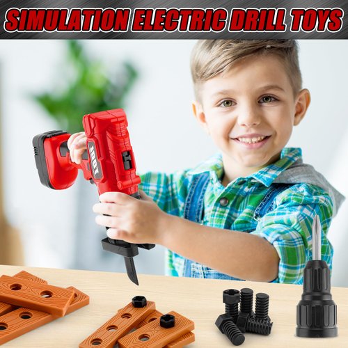 Toy Drill for Kids Ages 3-5,Electric Power Drill Include 3 Interchange Dirll Bits,1 Cutting Bits and Screw Set,Kids Pretend Play Tool with Realistic Sound & Action,Toys for Destructive Toddlers(Red)