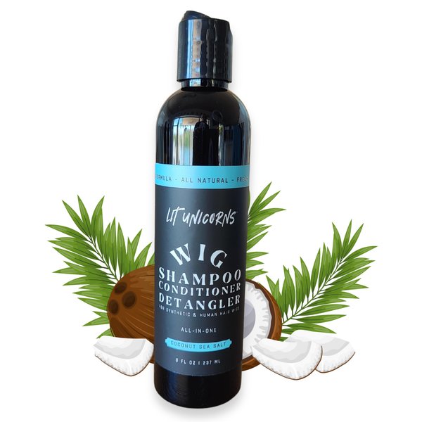 LIT UNICORNS All Natural Hypoallergenic Wig Shampoo Cleanses, Conditions & Detangles, Made In USA, for Synthetic and Human Hair Wigs Vegan Fresh Coconut Scent. No parfumes or fragrances