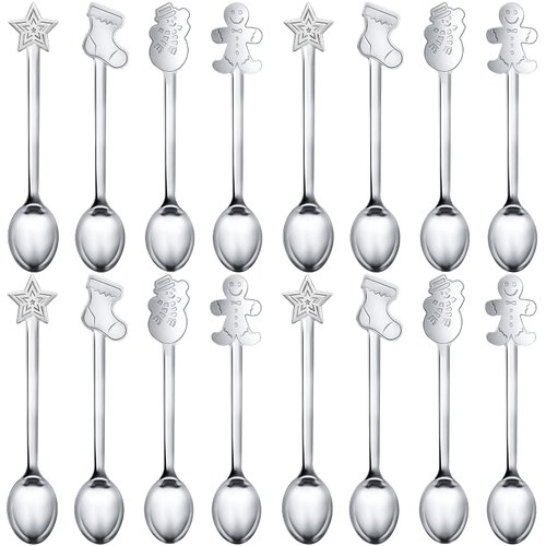 16 Pieces Christmas Spoon Set Christmas Stirring Spoon Creative Stainless Steel Coffee Spoon Tea Spoon Soup Spoon Dessert Spoon for Stirring Drink Mixing Milkshake Jam (4 Styles) (Silver)