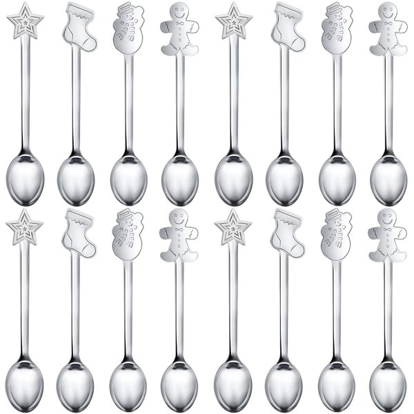 16 Pieces Christmas Spoon Set Christmas Stirring Spoon Creative Stainless Steel Coffee Spoon Tea Spoon Soup Spoon Dessert Spoon for Stirring Drink Mixing Milkshake Jam (4 Styles) (Silver)