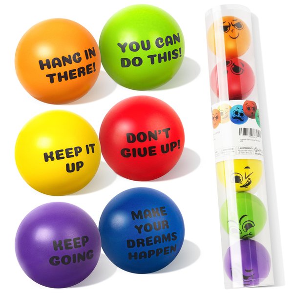 Homotte 6 Pcs Motivational Stress Balls for Kids 3+ and Adults, Inspirational Stress Relief Balls Hand Exercise Therapy Ball Set, Double Sided Colorful Foam Stress Ball with Positive Quotes and Smiles