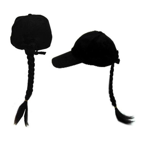 Joke Novelty Baseball Hat with Long Black Braided Ponytail Fake Hair in the Back of Cap