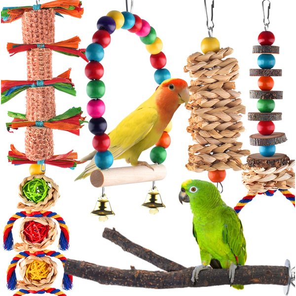 KATUMO Bird Toy Set, 6pcs Chew Toys & Perch for Small Birds, Conure, Cockatiel, Lovebird, Parakeet, Finch, Canary, Myna - Mental & Physical Workout, Relieves Boredom