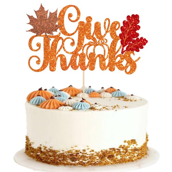 1Pc Give Thanks Cake Topper Glitter Maple Leaves Autumn Cake Topper Happy Thanksgiving Cake Decorations for Fall Harvest Thankful Grateful Blessed Thanksgiving Day Theme Party Supplies
