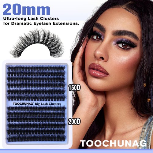TOOCHUNAG Fluffy Lash Clusters Volume Individual Lashes Wispy 14-20mm Cluster Eyelash Extensions D Curl Thick Long Eyelash Clusters for DIY Lash Extension at Home