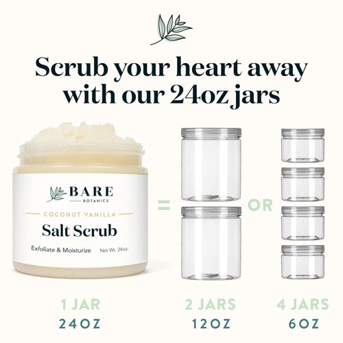 Bare Botanics Coconut Vanilla Body Scrub 24oz | Made in Madison, WI | All Natural Sea Salt Exfoliator w/ Skin Loving Moisturizers | Vegan & Cruelty Free | Gift Ready Packaging w/ a Cute Wooden Spoon