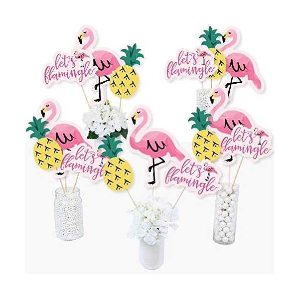 Pink Flamingo - Party Like A Pineapple - Tropical Summer Party Centerpiece Sticks - Table Toppers - Set of 15