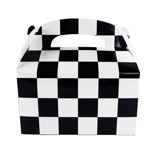 Super Z Outlet 12 Pack Black and White Checker Racing Flag Pennant Treat Gift Paper Cardboard Boxes with Handles for Candy Goodie Bags, Picnic Snacks, Birthday Party Favors (6.25" x 3 1/2" x 3.25")