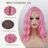 MeaYOO Pink Wig for Women, Short Wavy Pastel Pink Wigs with Lace, Shoulder Length Middle Part Curly Wavy Bob Wig, Natural Looking Synthetic Party Cosplay Wigs for Girl, Colorful Costume Wigs 14 Inch