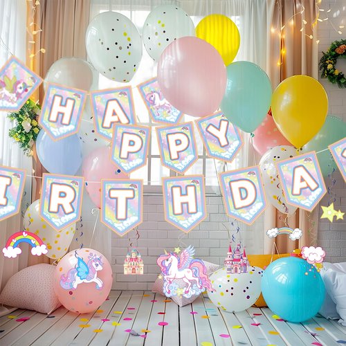 Unicorn Birthday Decorations, Unicorn Rainbow Party Decorations, Unicorn Party Supplies, Unicorn Happy Birthday Banner and Unicorn Hanging Swirl for Birthday Party Decorations