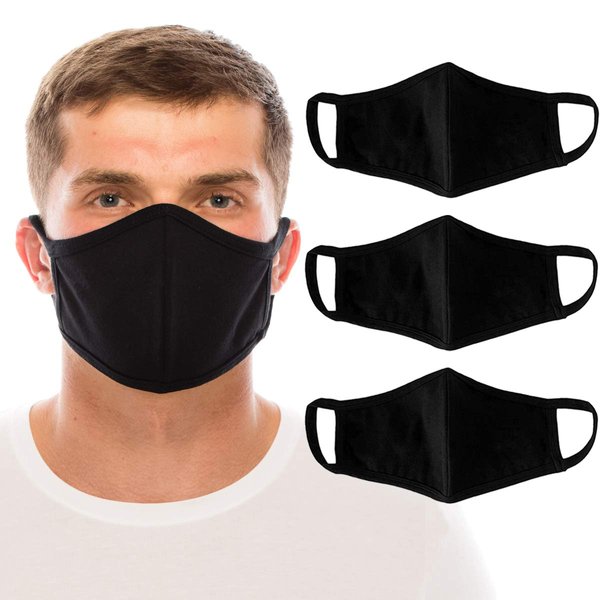 unik cloth Face Covers, 3 Pack, Cotton 2 layer, Washable, Reusable, Unisex - Black Solid Adult Size