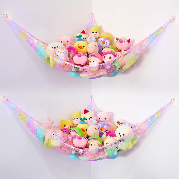 Basumee Stuffed Animals Net or Hammock with LED Light Hanging Toy Net Hammock for Stuffed Animals Storage Stuff Animals Hammocks for Nursery Kids Room with Remote Control, 8 Kinds of Lights(Pack of 2)